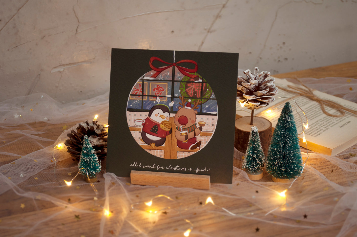 原創港式插畫聖誕卡-C款茶餐廳裡的聖誕大餐