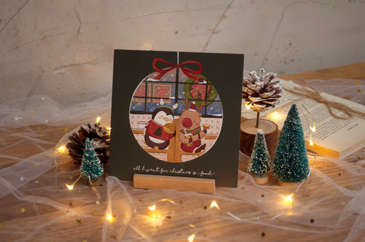 原創港式插畫聖誕卡-C款茶餐廳裡的聖誕大餐