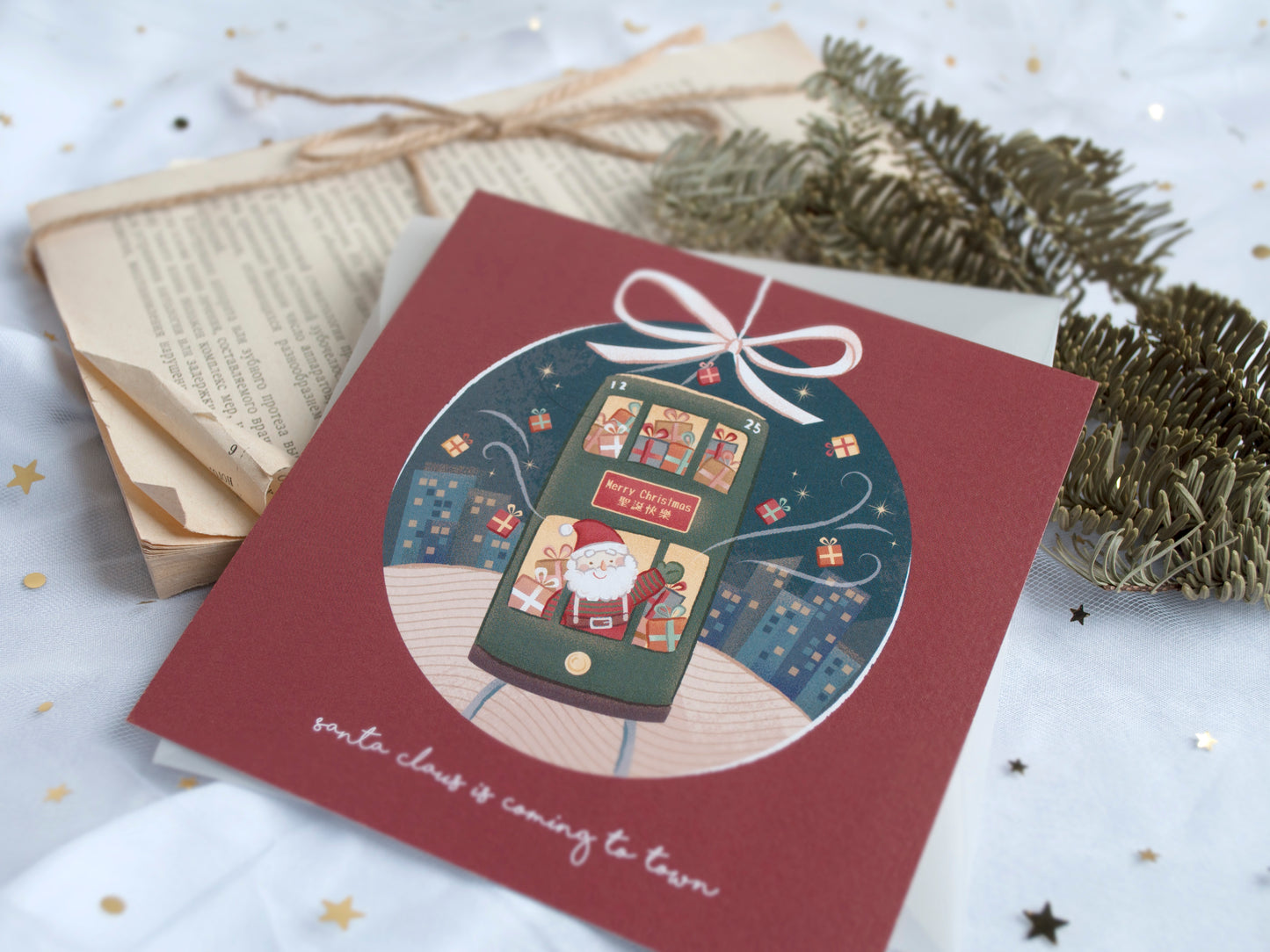 原創港式插畫聖誕卡- A款聖誕老人與電車
