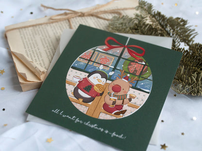 原創港式插畫聖誕卡-C款茶餐廳裡的聖誕大餐