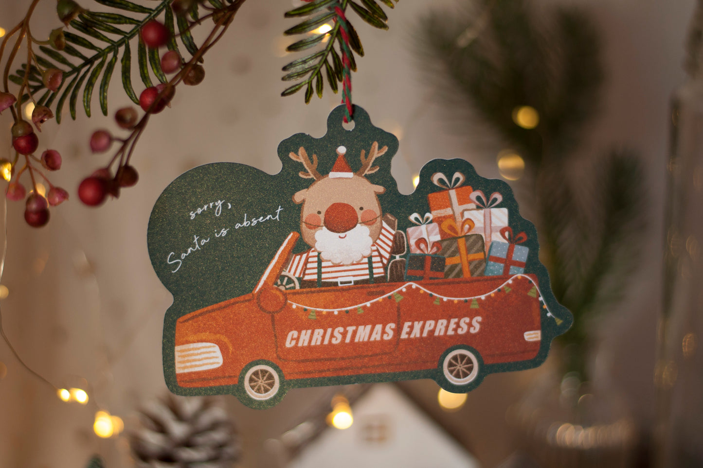 聖誕吊掛賀卡-鹿車-賀卡/吊飾兩用設計